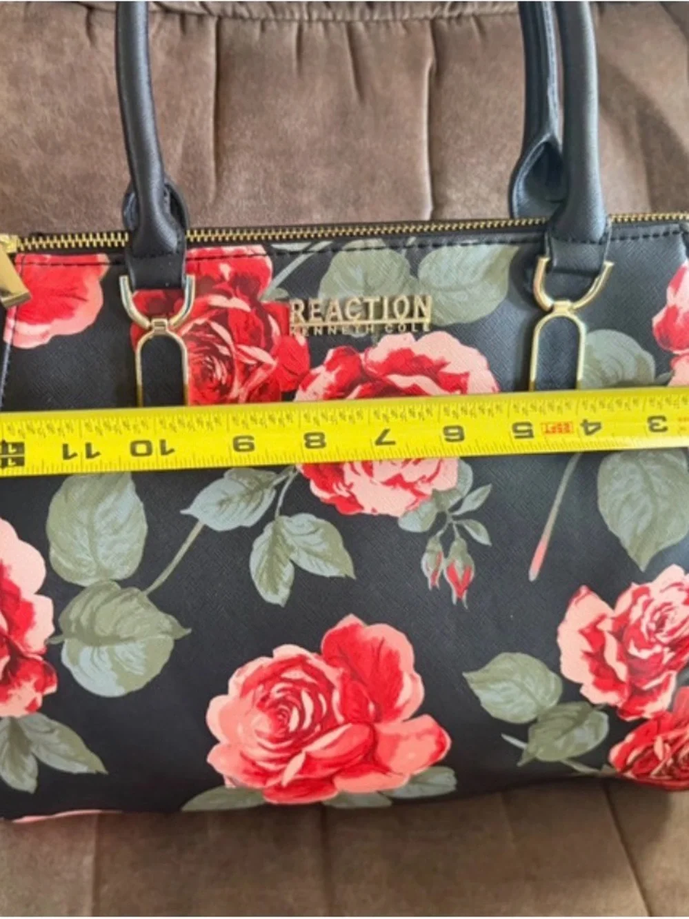 Kenneth Cole Reaction Black Satchel with Red Floral Print and Gold Hardware